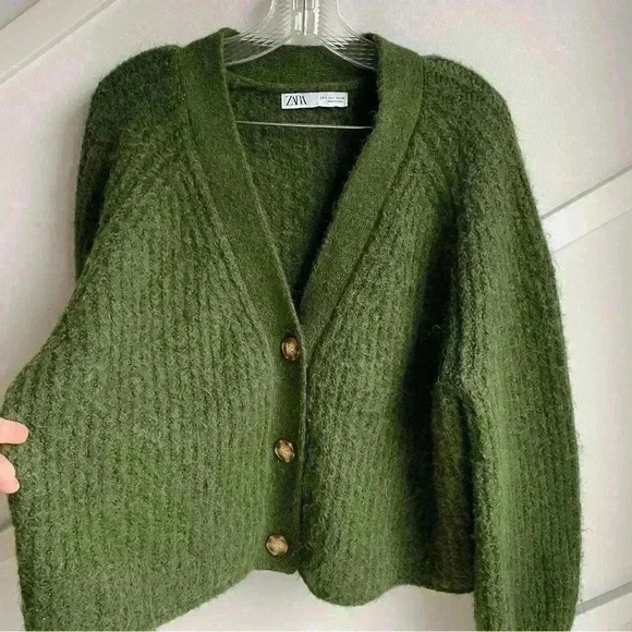 Zara Purl Knit Button Front Alpaca Wool Dark Green Oversized Cardigan size S - Picture 8 of 10